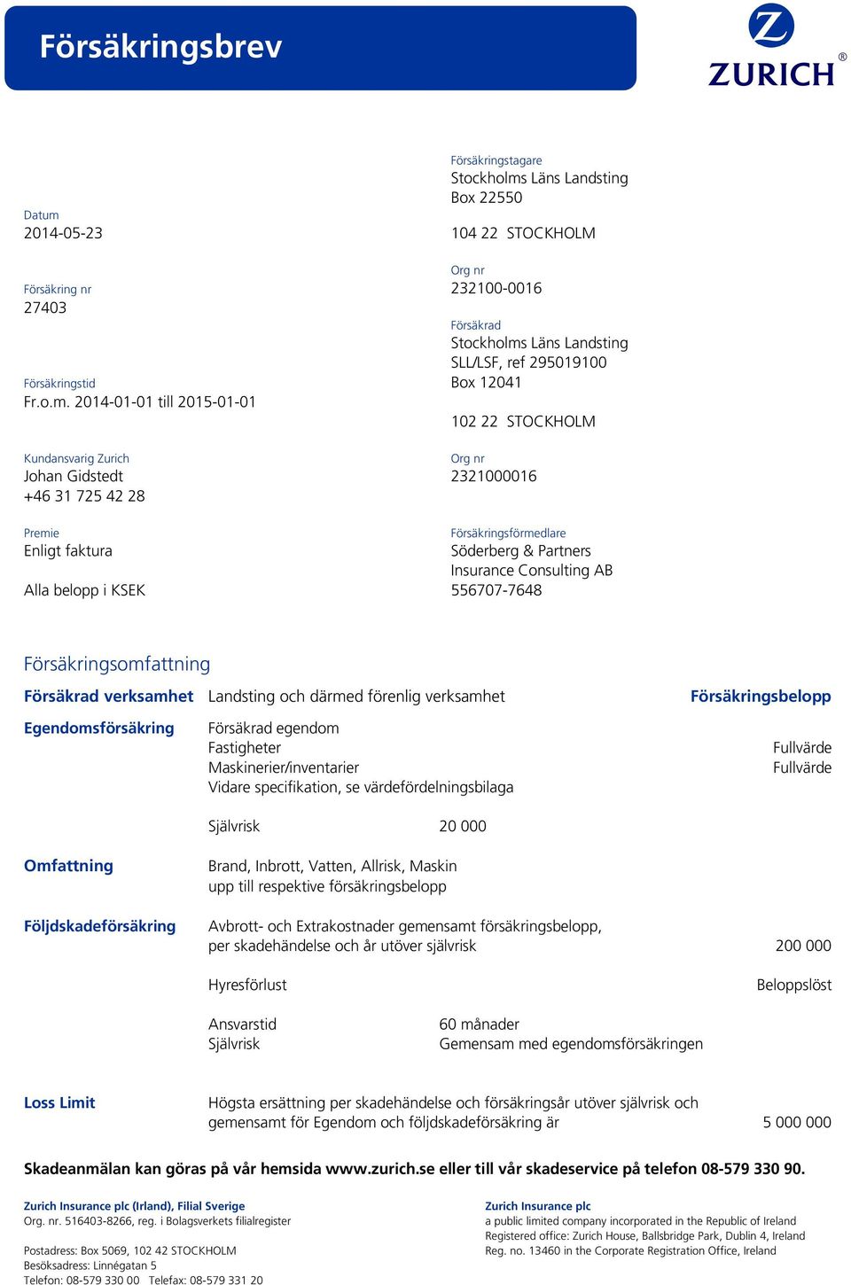 2014-01-01 till 2015-01-01 102 22 STOCKHOLM Kundansvarig Zurich Org nr Johan Gidstedt 2321000016 +46 31 725 42 28 Premie Försäkringsförmedlare Enligt faktura Söderberg & Partners Insurance Consulting