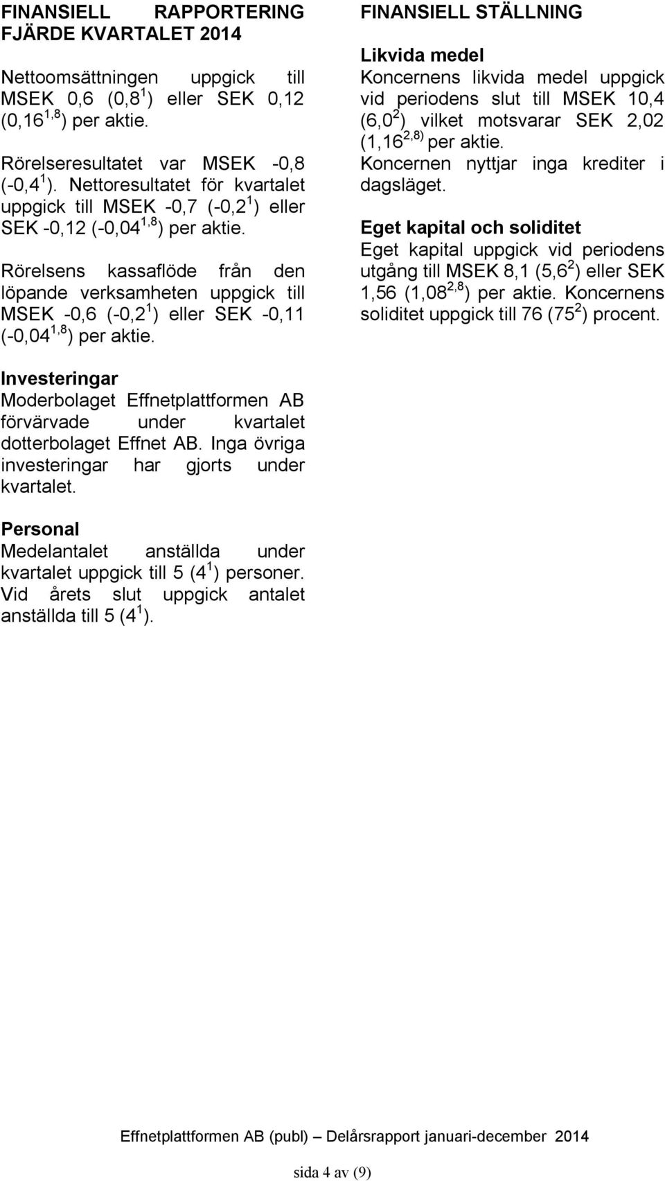 Rörelsens kassaflöde från den löpande verksamheten uppgick till 0,6 (0,2 1 ) eller SEK 0,11 (0,04 1,8 ) per aktie.