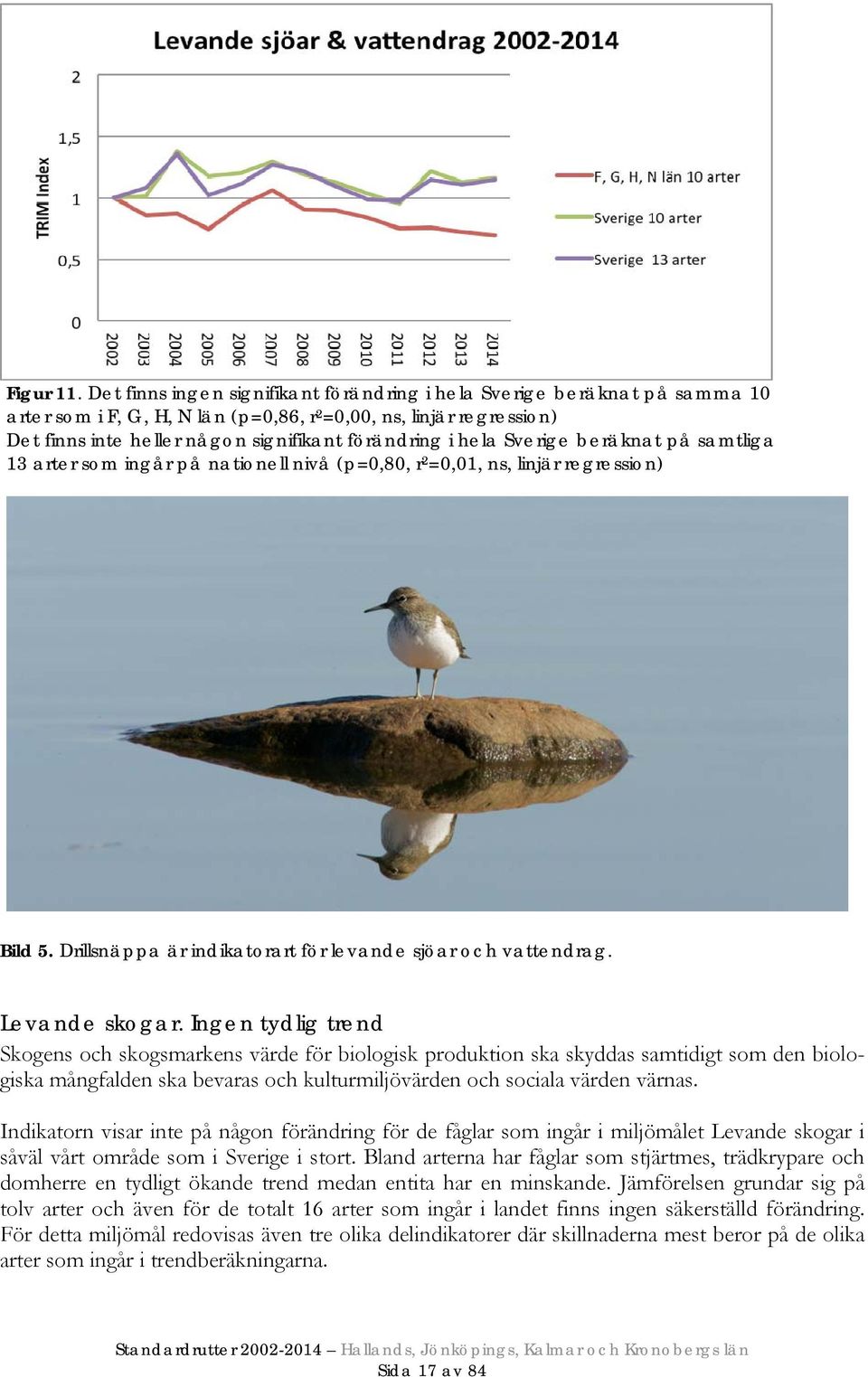 hela Sverige beräknat på samtliga 13 arter som ingår på nationell nivå (p=0,80, r 2 =0,01, ns, linjär regression) Bild 5. Drillsnäppa är indikatorart för levande sjöar och vattendrag. Levande skogar.