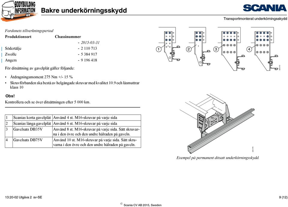 1 Scanias korta gavelplåt Använd 4 st. M16-skruvar på varje sida 2 Scanias långa gavelplåt Använd 6 st. M16-skruvar på varje sida 3 Gavelsats DB35V Använd 8 st. M16-skruvar på varje sida. Sätt skruvarna i den övre och den undre hålraden på gaveln.