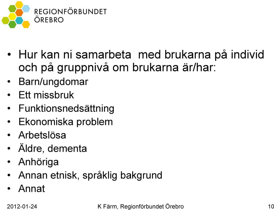 Ekonomiska problem Arbetslösa Äldre, dementa Anhöriga Annan
