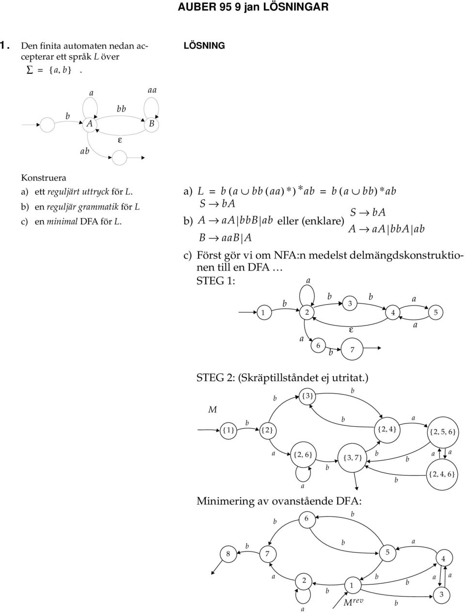 ) L = ( ( ) ) = ( ) ) en reguljär grmmtik för L S A S A c) en miniml DFA för L.