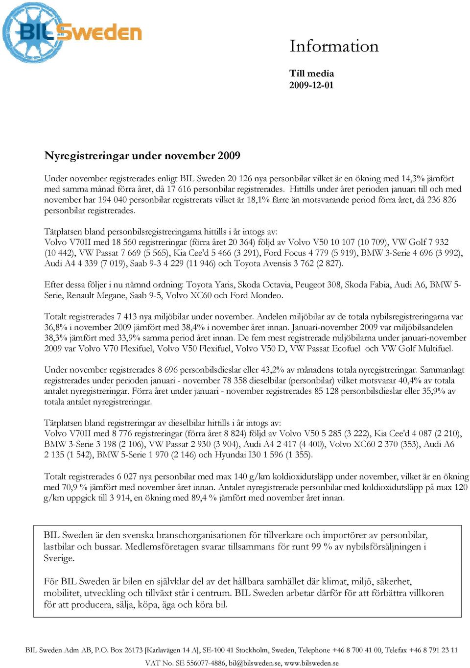 Hittills under året perioden januari till och med november har 194 040 personbilar registrerats vilket är 18,1% färre än motsvarande period förra året, då 236 826 personbilar registrerades.