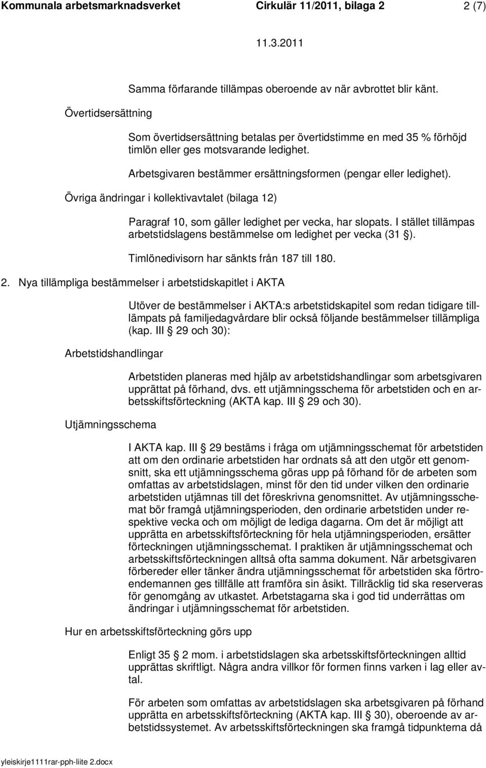 Övriga ändringar i kollektivavtalet (bilaga 12) Paragraf 10, som gäller ledighet per vecka, har slopats. I stället tillämpas arbetstidslagens bestämmelse om ledighet per vecka (31 ).