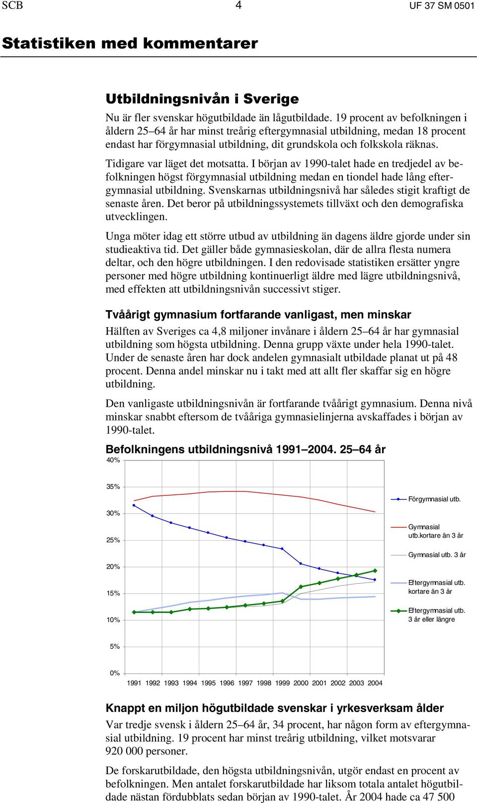 I början av 1990-talet hade en tredjedel av befolkningen högst förgymnasial medan en tiondel hade lång eftergymnasial. Svenskarnas snivå har således stigit kraftigt de senaste åren.