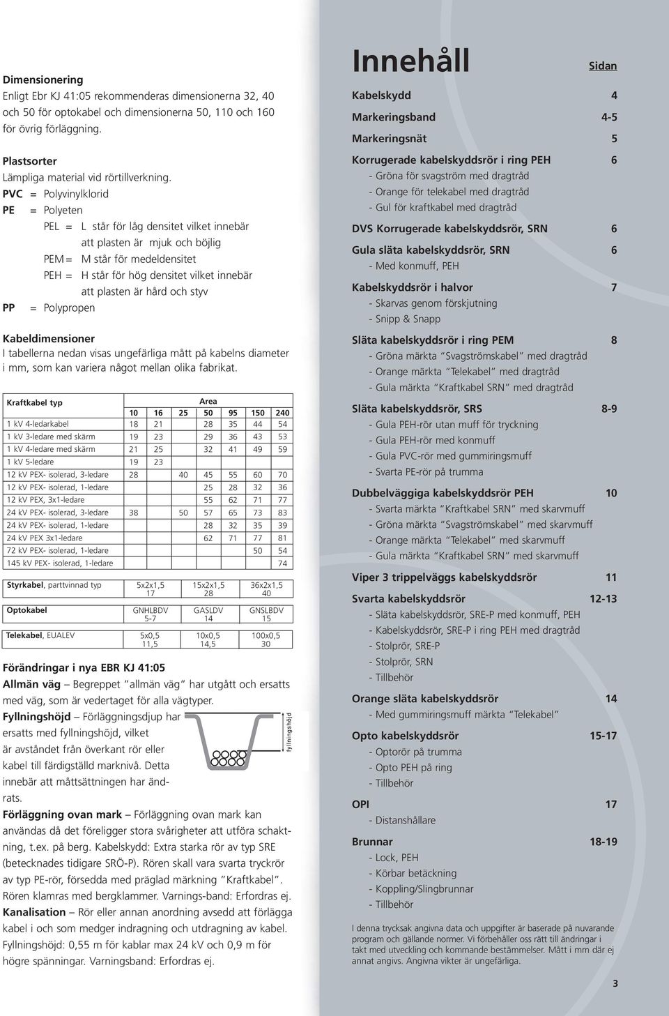 är hård och styv PP = Polypropen Kabeldimensioner I tabellerna nedan visas ungefärliga mått på kabelns diameter i, som kan variera något mellan olika fabrikat.