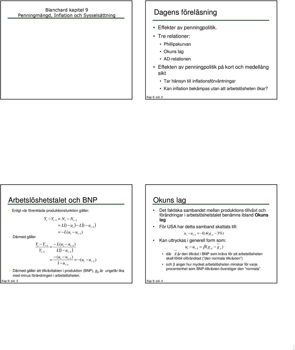 Arbeslöshesale shesale och BNP Enli vår förenklade produkionsfunkion äller: Därmed äller Kap 9: sid.