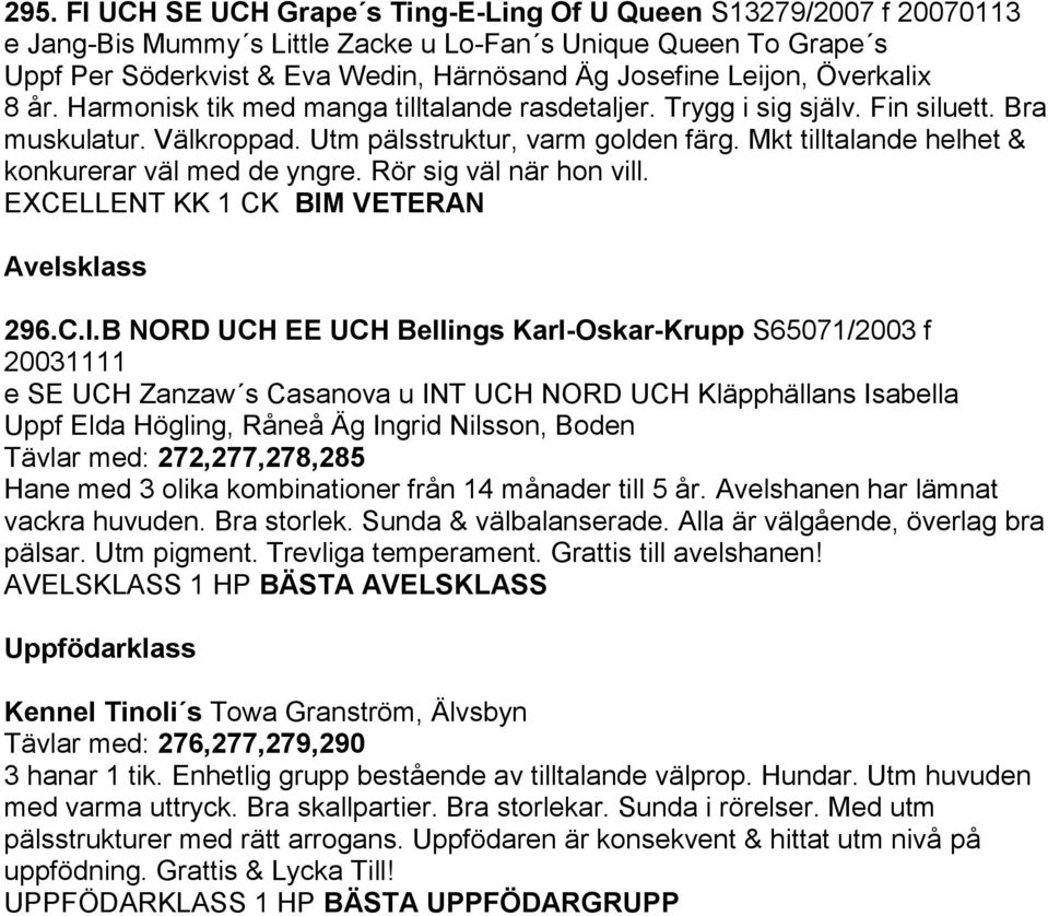 Mkt tilltalande helhet & konkurerar väl med de yngre. Rör sig väl när hon vill. EXCELLENT KK 1 CK BIM
