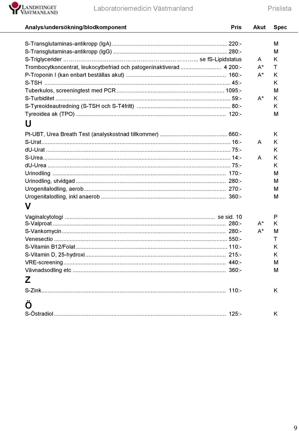 .. 80:- yreoidea ak (O)... 120:- U t-ub, Urea Breath est (analyskostnad tillkommer)... 660:- S-Urat... 16:- A du-urat... 75:- S-Urea... 14:- A du-urea... 75:- Urinodling... 170:- Urinodling, utvidgad.