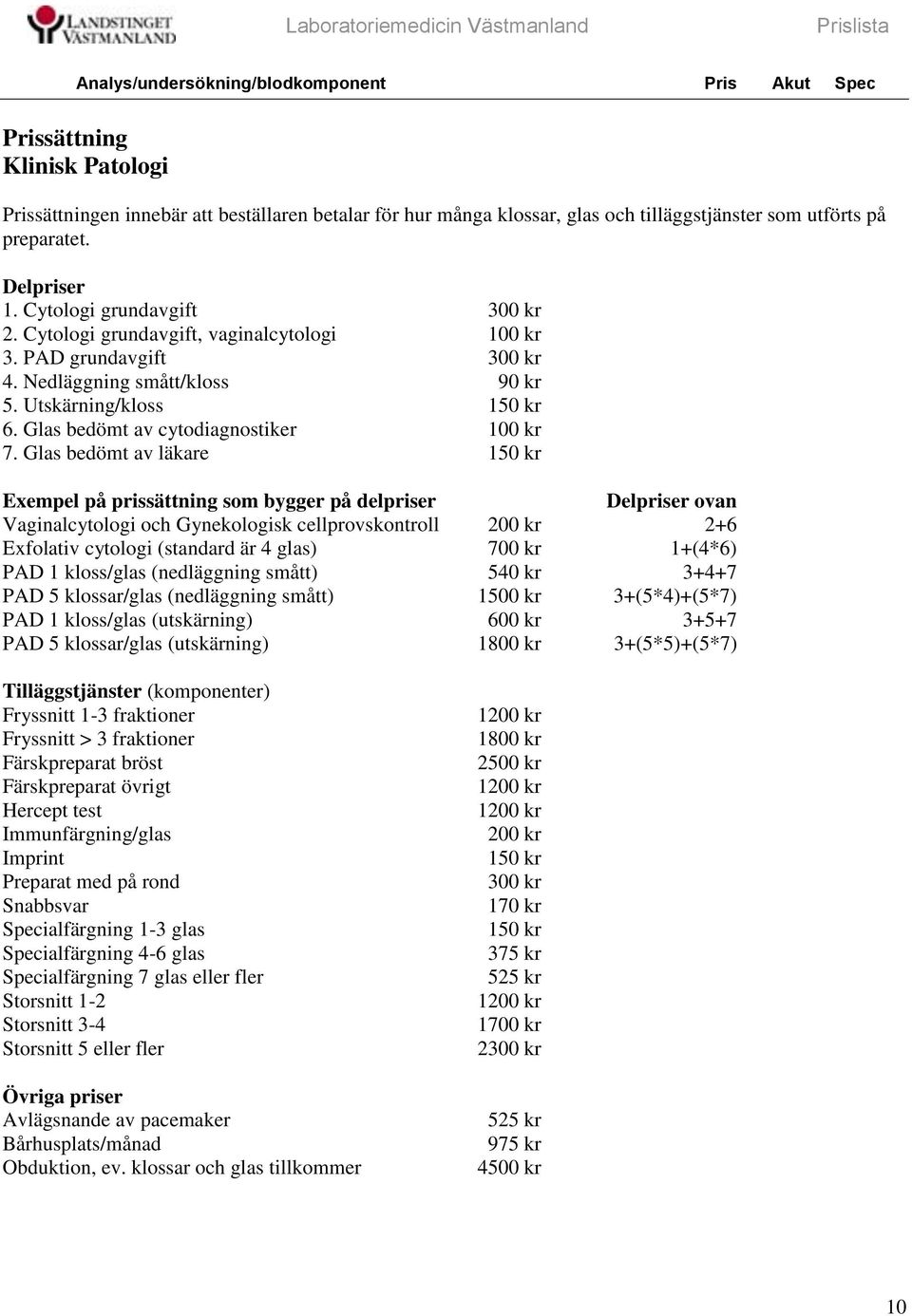 Glas bedömt av läkare 150 kr Exempel på prissättning som bygger på delpriser Delpriser ovan Vaginalcytologi och Gynekologisk cellprovskontroll 200 kr 2+6 Exfolativ cytologi (standard är 4 glas) 700