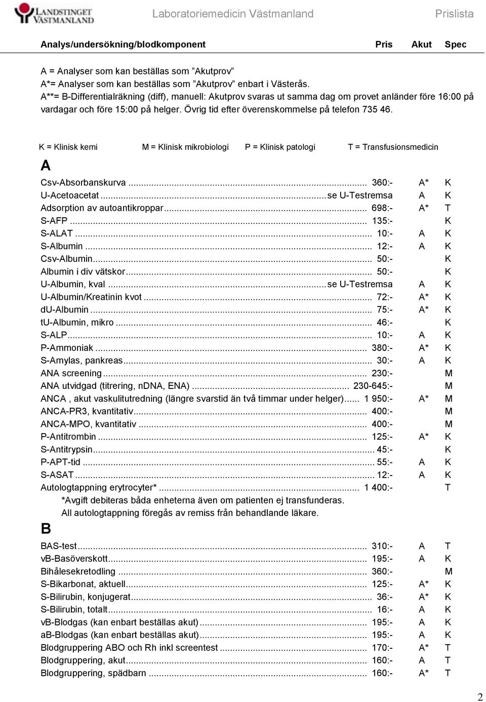 = linisk kemi = linisk mikrobiologi = linisk patologi = ransfusionsmedicin A Csv-Absorbanskurva... 360:- A* U-Acetoacetat... se U-estremsa A Adsorption av autoantikroppar... 698:- A* S-AF.
