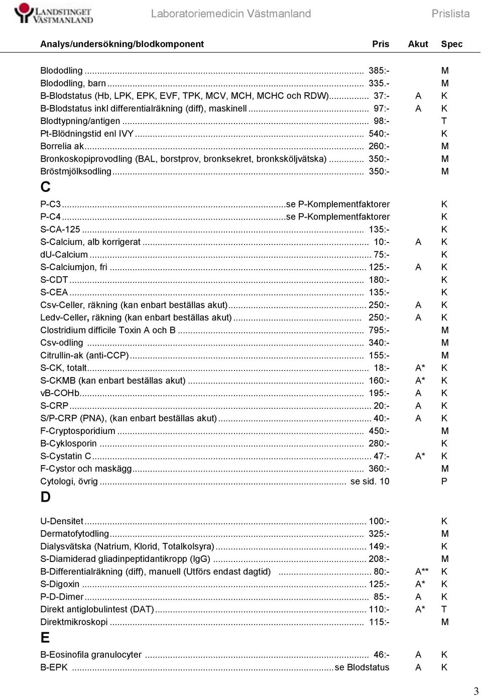 .. se -omplementfaktorer S-CA-125... 135:- S-Calcium, alb korrigerat... 10:- A du-calcium... 75:- S-Calciumjon, fri... 125:- A S-CD... 180:- S-CEA.