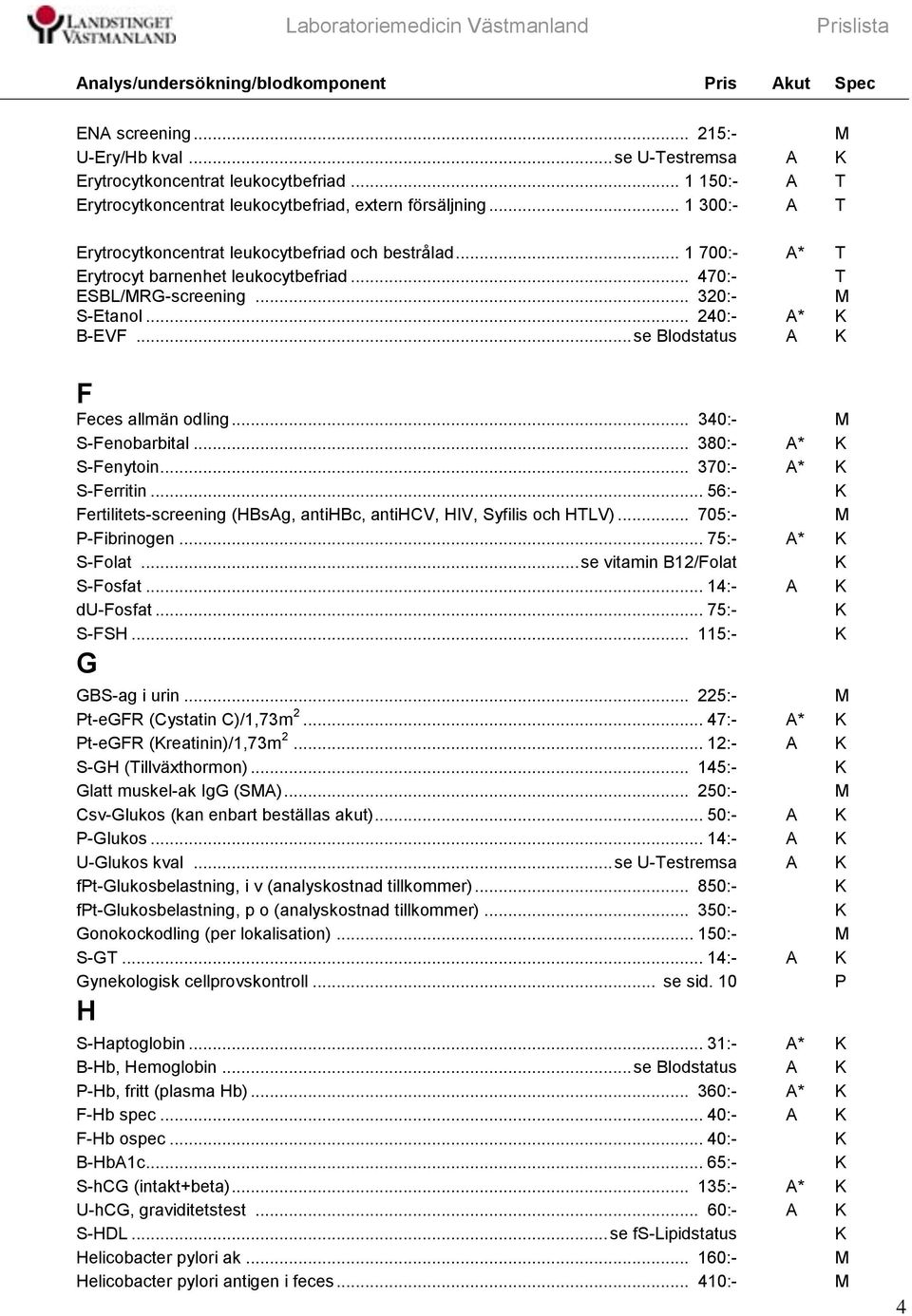 .. se Blodstatus A F Feces allmän odling... 340:- S-Fenobarbital... 380:- A* S-Fenytoin... 370:- A* S-Ferritin... 56:- Fertilitets-screening (HBsAg, antihbc, antihcv, HIV, Syfilis och HLV).