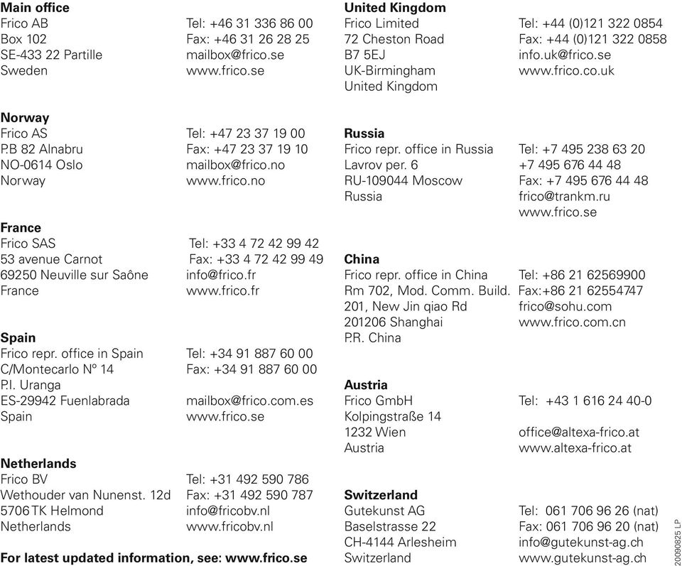 fr France www.frico.fr Spain Frico repr. office in Spain Tel: +4 91 887 60 00 C/Montecarlo Nº 14 Fax: +4 91 887 60 00 P.I. Uranga ES-29942 Fuenlabrada mailbox@frico.com.