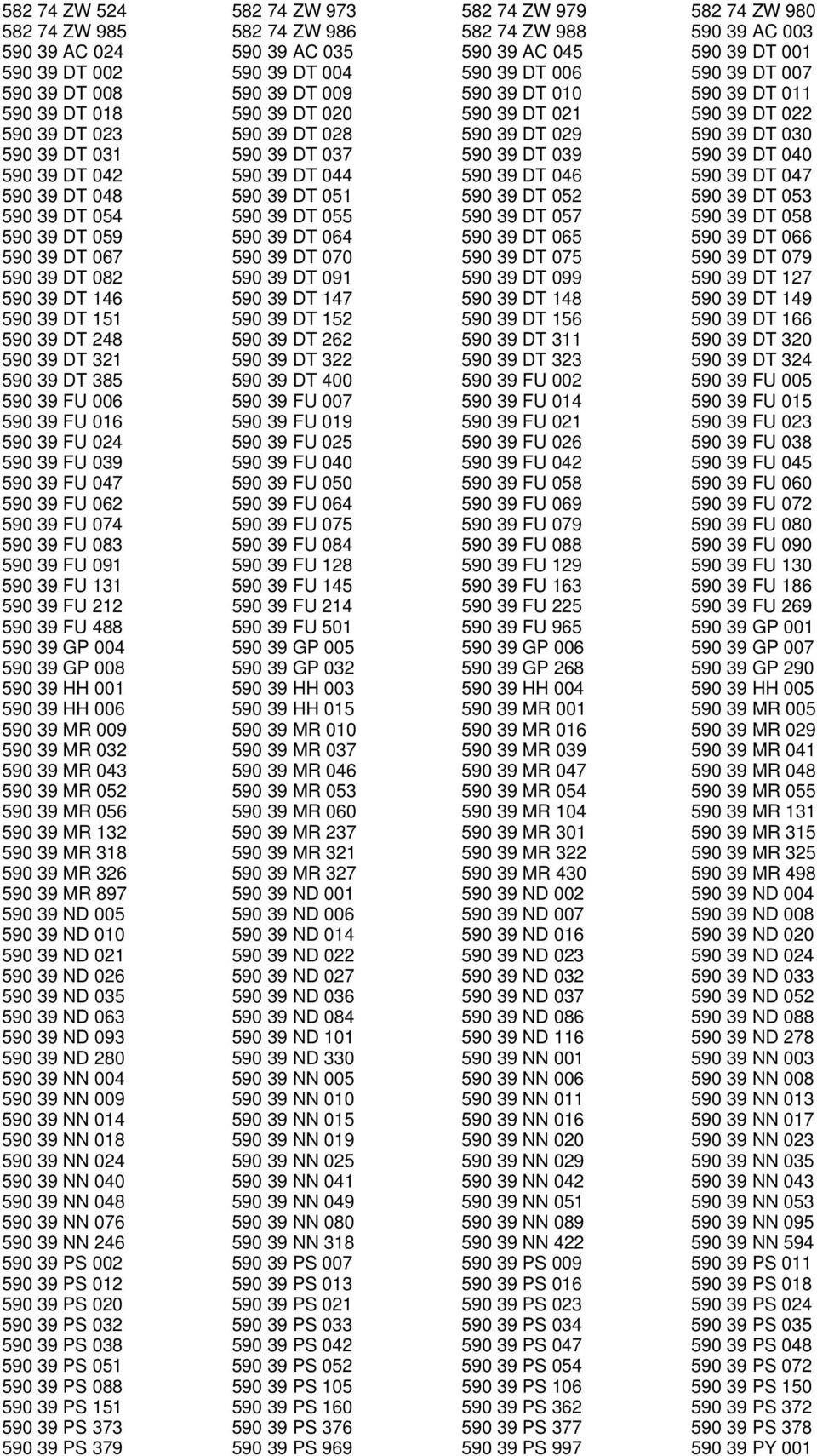 DT 031 590 39 DT 037 590 39 DT 039 590 39 DT 040 590 39 DT 042 590 39 DT 044 590 39 DT 046 590 39 DT 047 590 39 DT 048 590 39 DT 051 590 39 DT 052 590 39 DT 053 590 39 DT 054 590 39 DT 055 590 39 DT