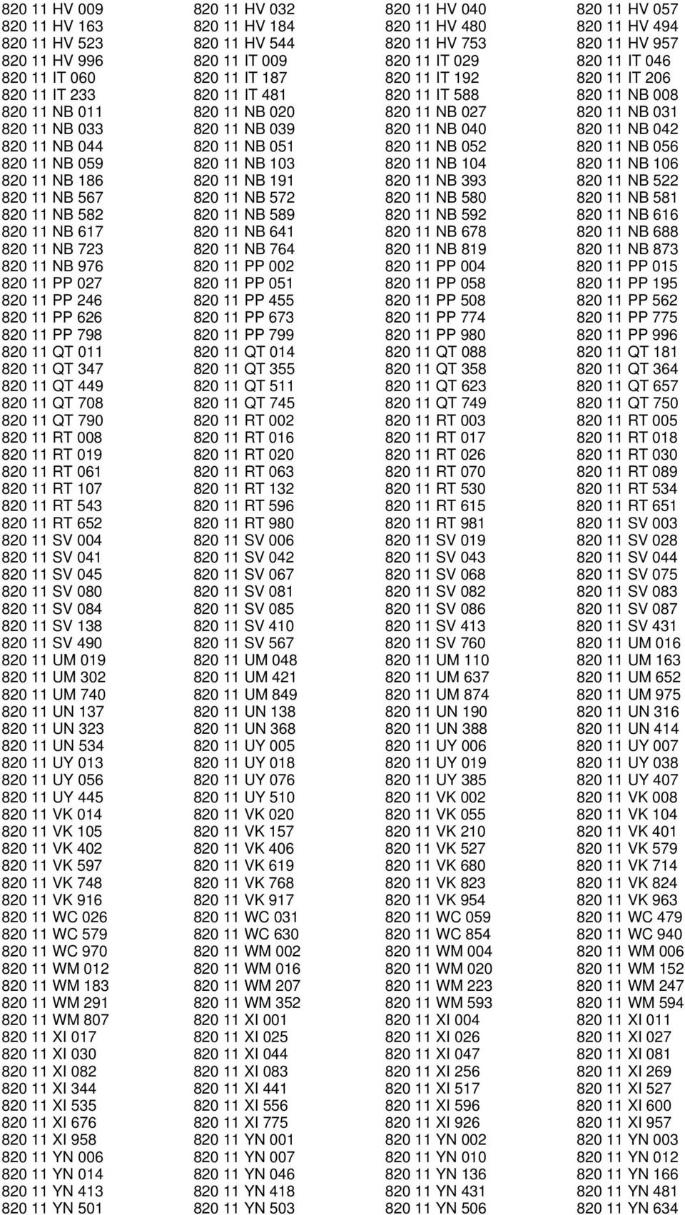 NB 033 820 11 NB 039 820 11 NB 040 820 11 NB 042 820 11 NB 044 820 11 NB 051 820 11 NB 052 820 11 NB 056 820 11 NB 059 820 11 NB 103 820 11 NB 104 820 11 NB 106 820 11 NB 186 820 11 NB 191 820 11 NB