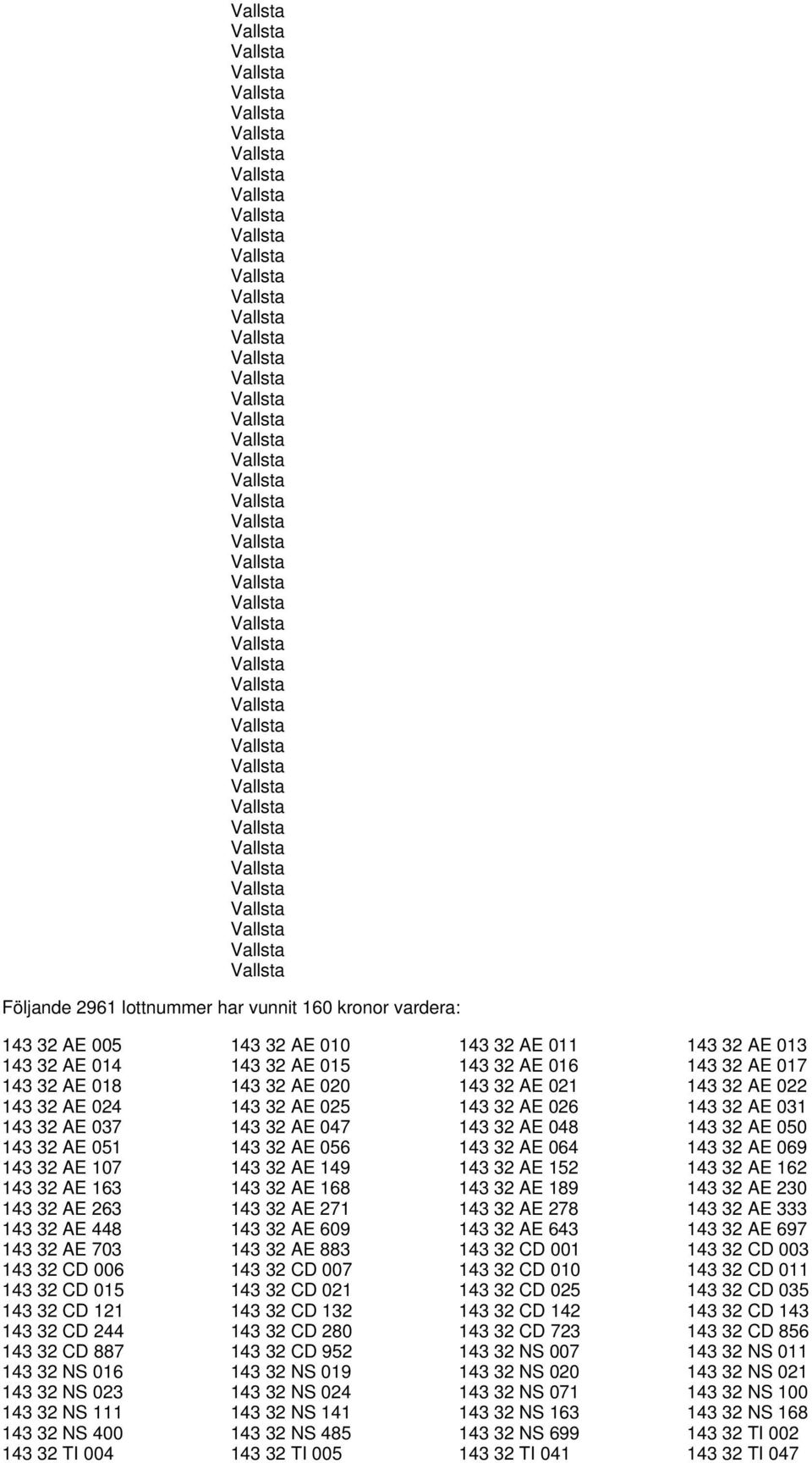 lottnummer har vunnit 160 kronor vardera: 143 32 AE 005 143 32 AE 010 143 32 AE 011 143 32 AE 013 143 32 AE 014 143 32 AE 015 143 32 AE 016 143 32 AE 017 143 32 AE 018 143 32 AE 020 143 32 AE 021 143