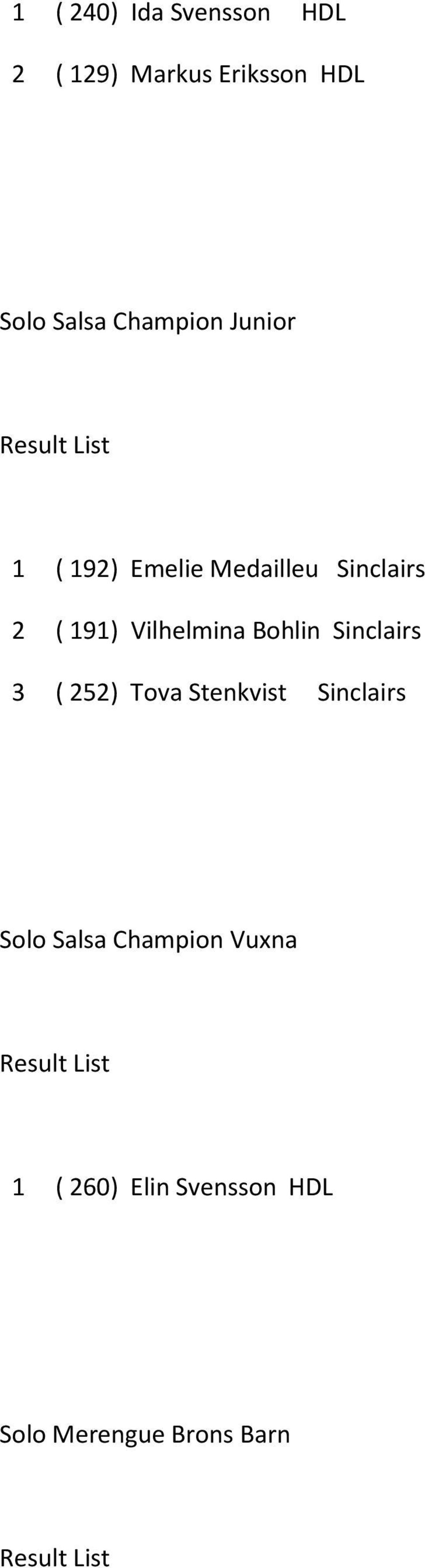 Vilhelmina Bohlin Sinclairs 3 ( 252) Tova Stenkvist Sinclairs Solo