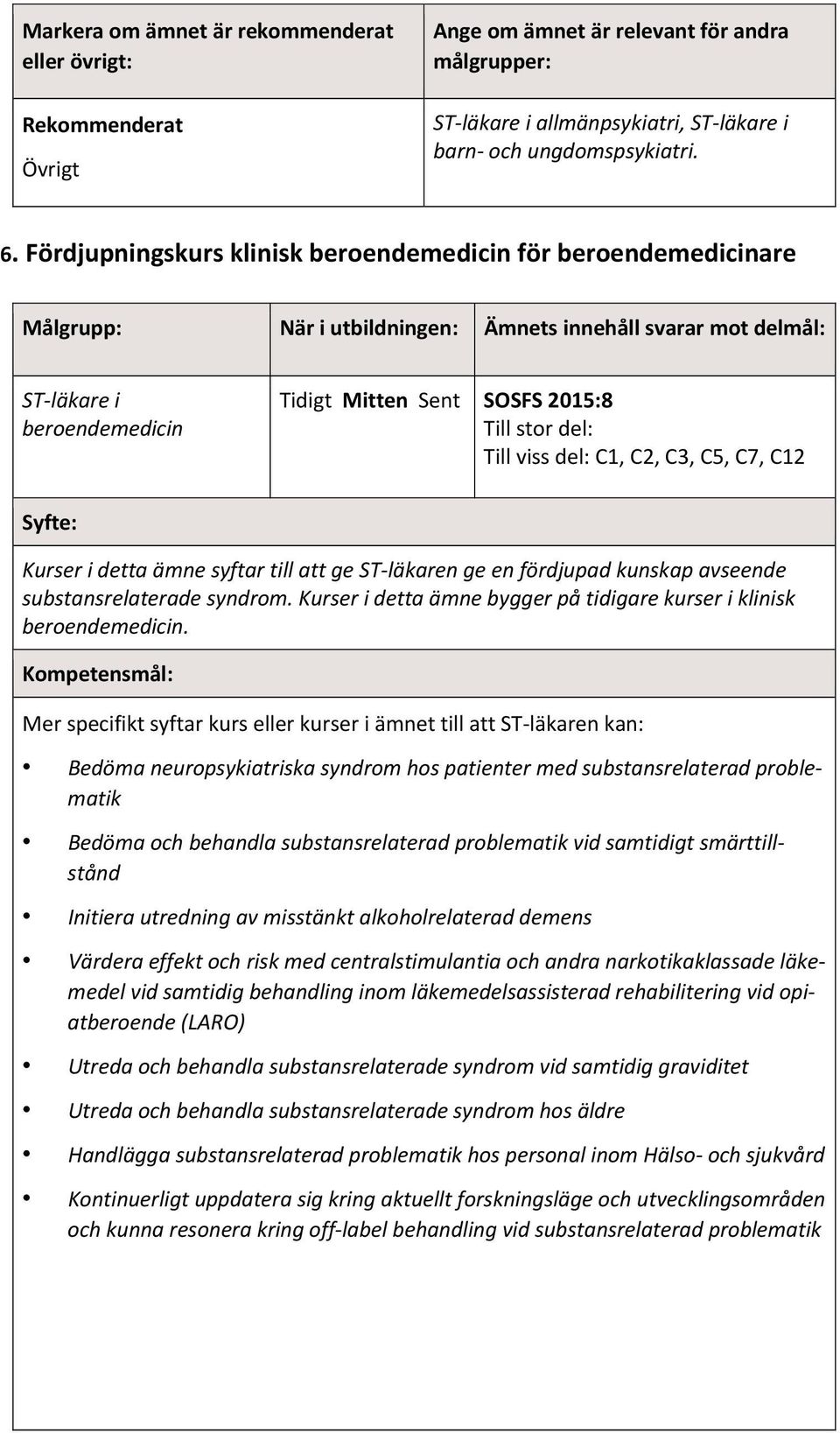 kunskap avseende substansrelaterade syndrom. Kurser i detta ämne bygger på tidigare kurser i klinisk beroendemediin.