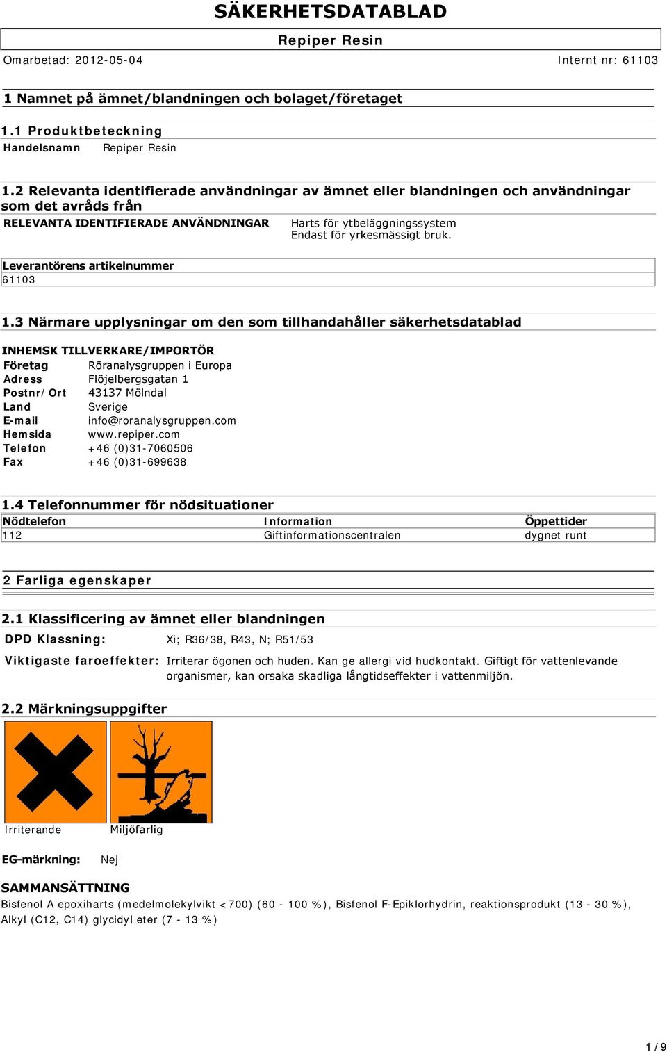 Leverantörens artikelnummer 61103 1.