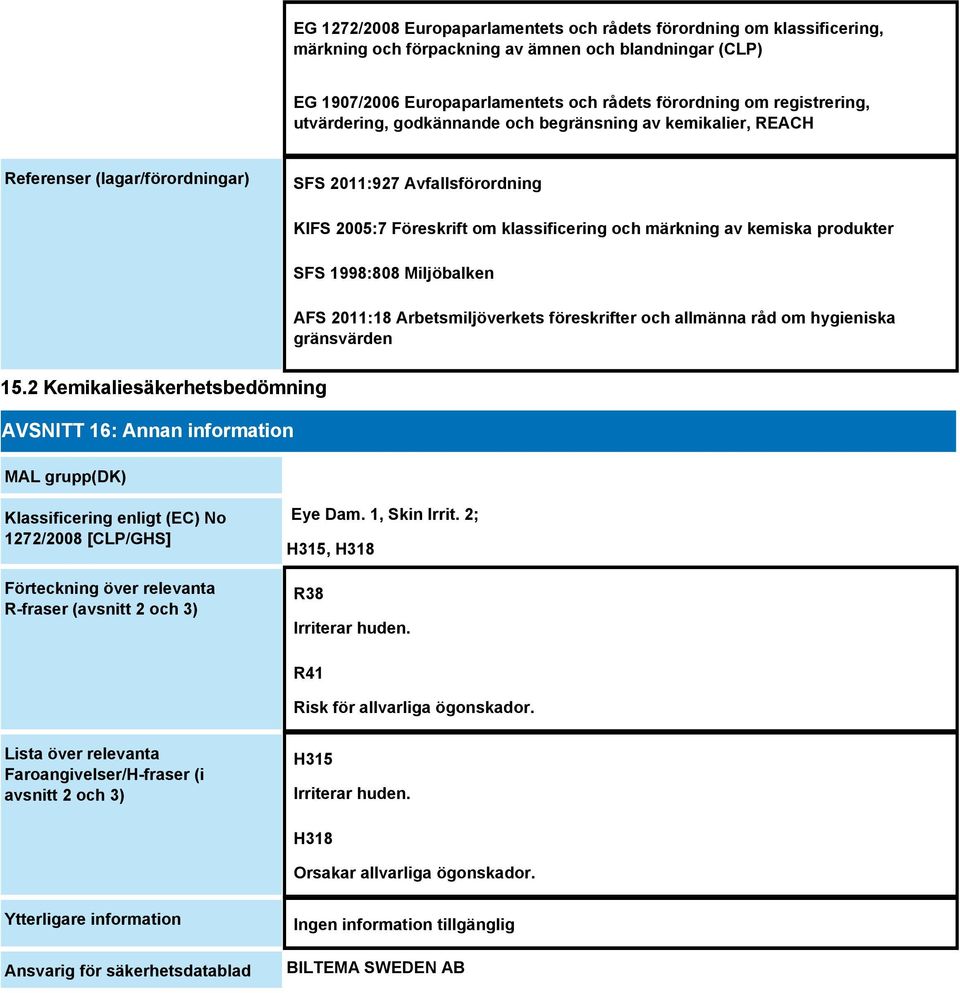 SFS 1998:808 Miljöbalken AFS 2011:18 Arbetsmiljöverkets föreskrifter och allmänna råd om hygieniska gränsvärden 15.