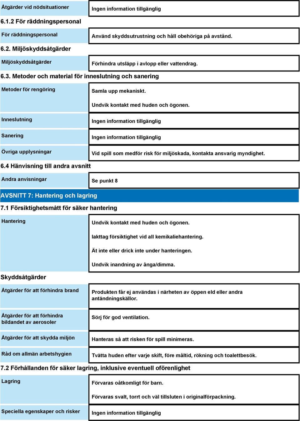 Inneslutning Sanering Övriga upplysningar Vid spill som medför risk för miljöskada, kontakta ansvarig myndighet. 6.