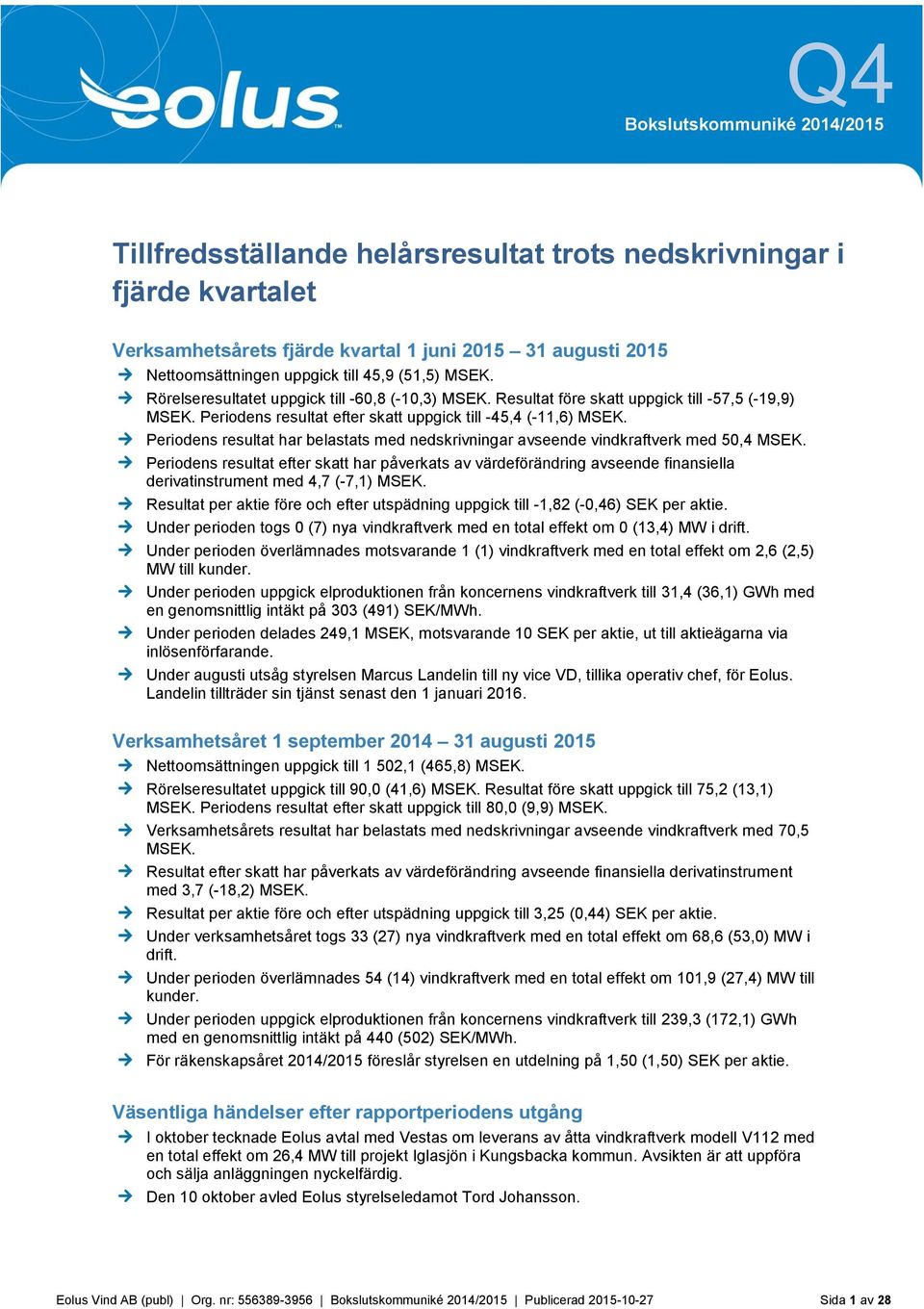 Periodens resultat har belastats med nedskrivningar avseende vindkraftverk med 50,4 MSEK.