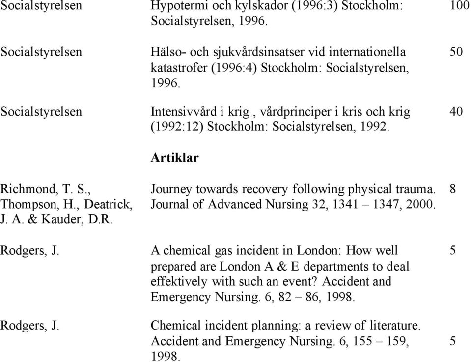 Artiklar Journey towards recovery following physical trauma. Journal of Advanced Nursing 32, 1341 1347, 2000.