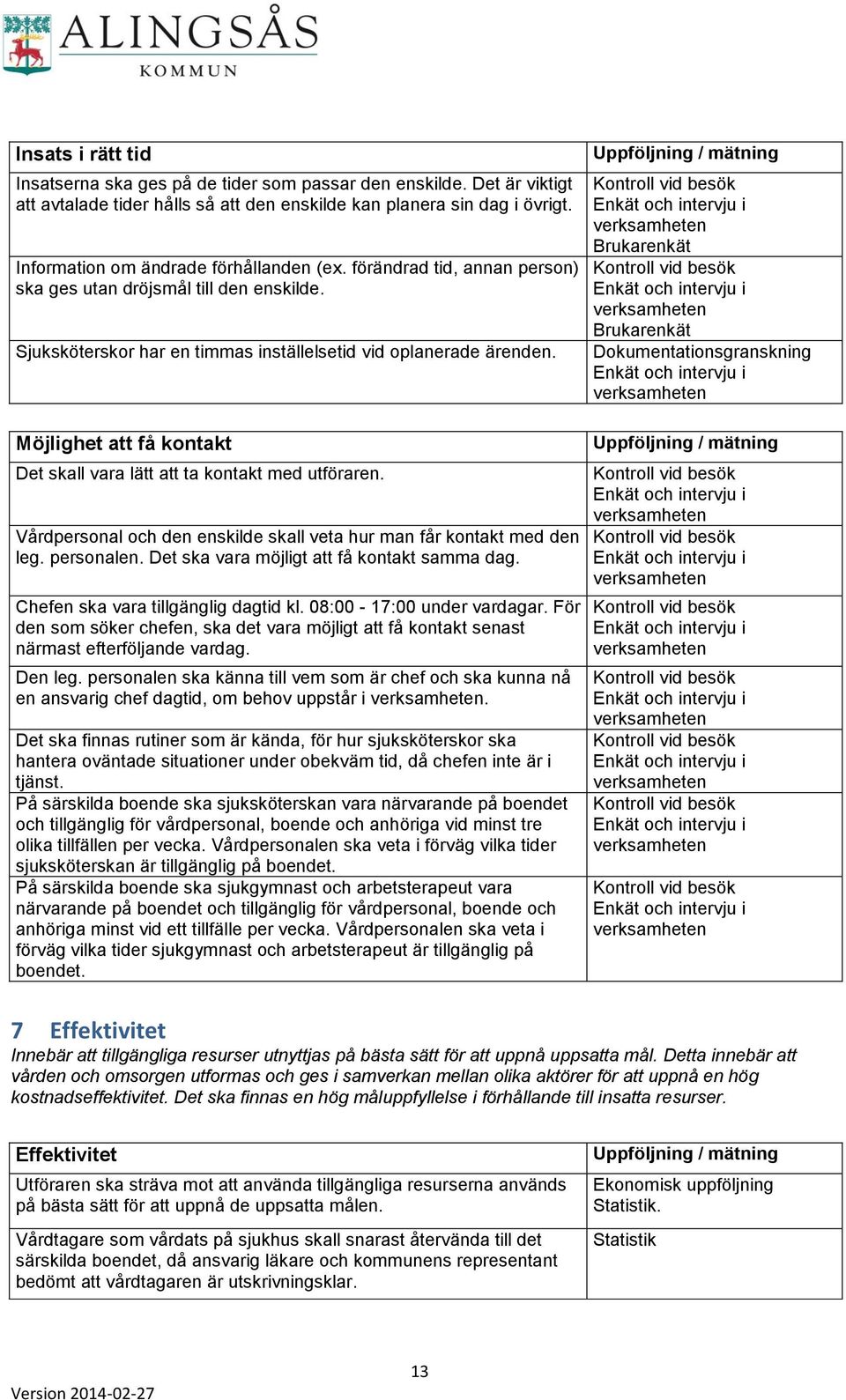 Möjlighet att få kontakt Det skall vara lätt att ta kontakt med utföraren. Vårdpersonal och den enskilde skall veta hur man får kontakt med den leg. personalen.