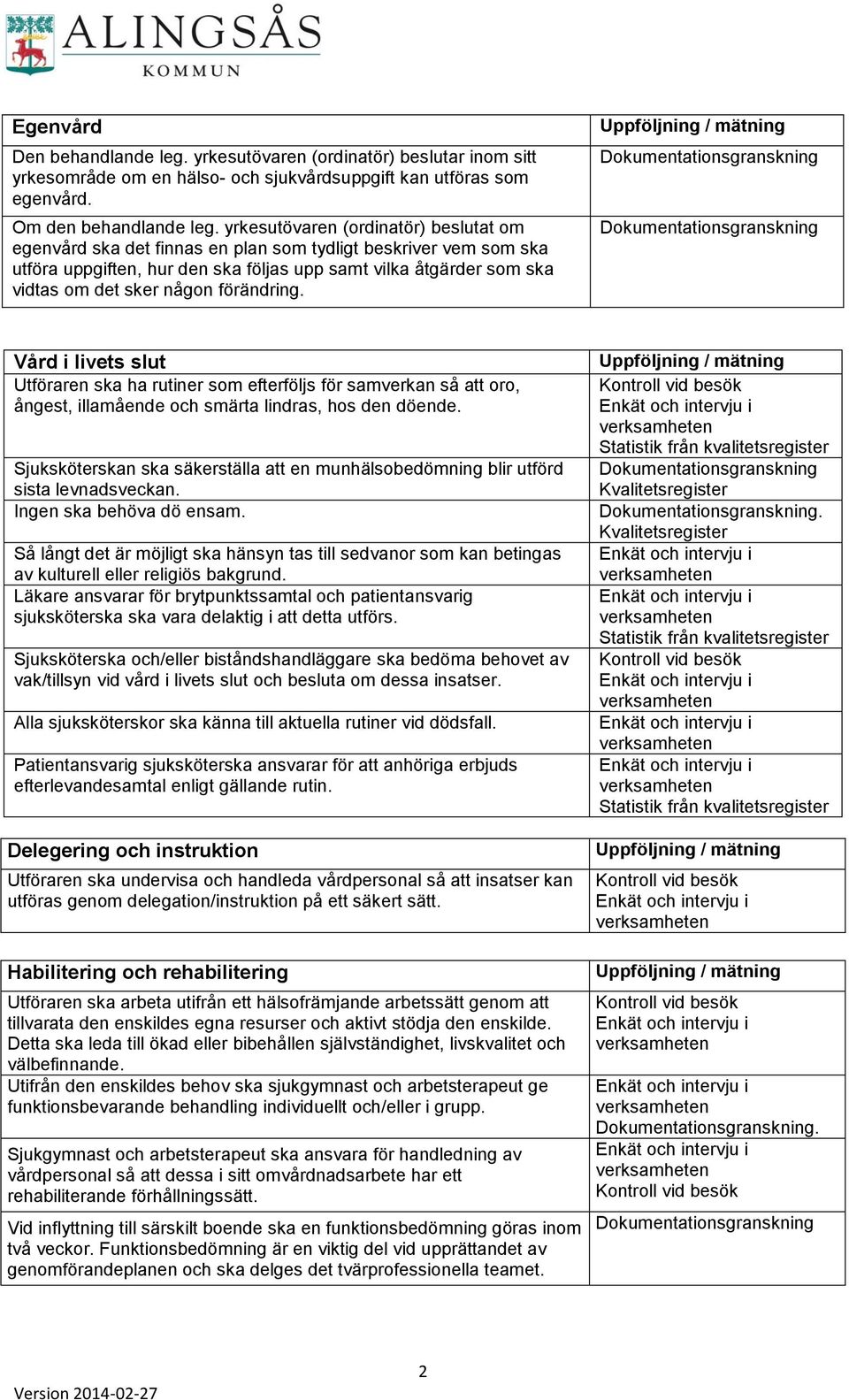 förändring. Vård i livets slut Utföraren ska ha rutiner som efterföljs för samverkan så att oro, ångest, illamående och smärta lindras, hos den döende.