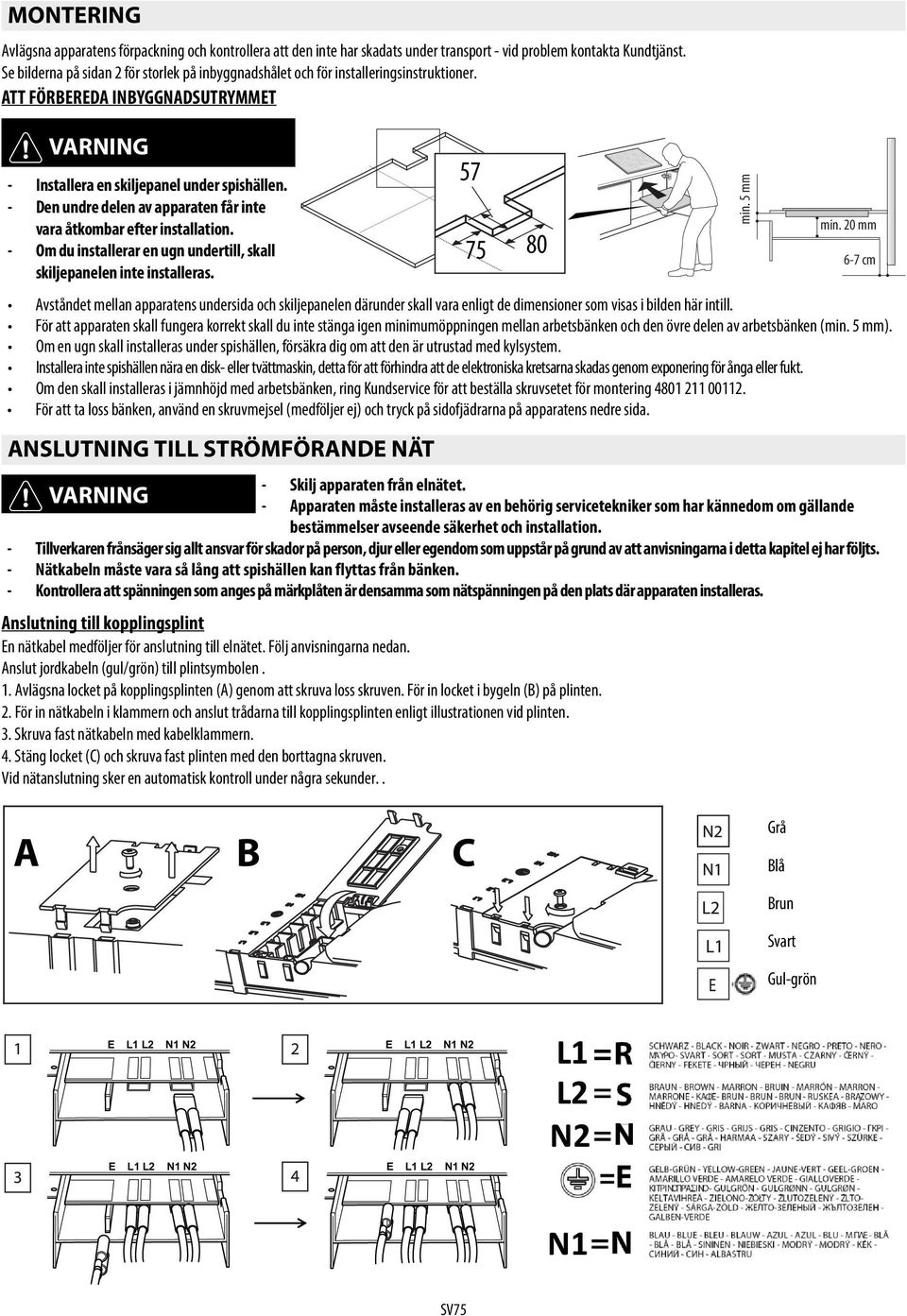 - Den undre delen av apparaten får inte vara åtkombar efter installation. min. 20 mm - Om du installerar en ugn undertill, skall 75 80 6-7 cm skiljepanelen inte installeras.