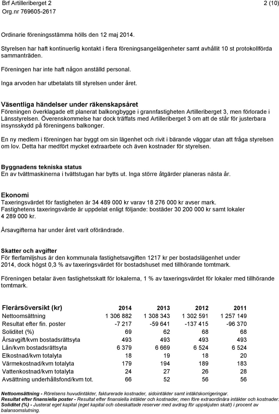 Väsentliga händelser under räkenskapsåret Föreningen överklagade ett planerat balkongbygge i grannfastigheten Artilleriberget 3, men förlorade i Länsstyrelsen.