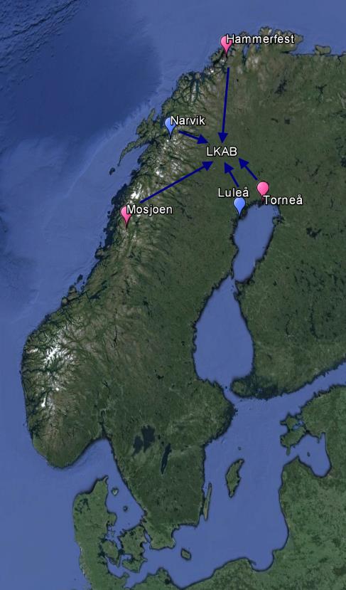 tankbil - Torneå tankbil - Luleå/Piteå tåg/tankbil - Narvik tåg/tankbil - Mosjoen