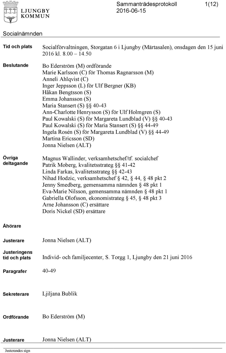 Ann-Charlotte Henrysson (S) för Ulf Holmgren (S) Paul Kowalski (S) för Margareta Lundblad (V) 40-43 Paul Kowalski (S) för Maria Stansert (S) 44-49 Ingela Rosén (S) för Margareta Lundblad (V) 44-49