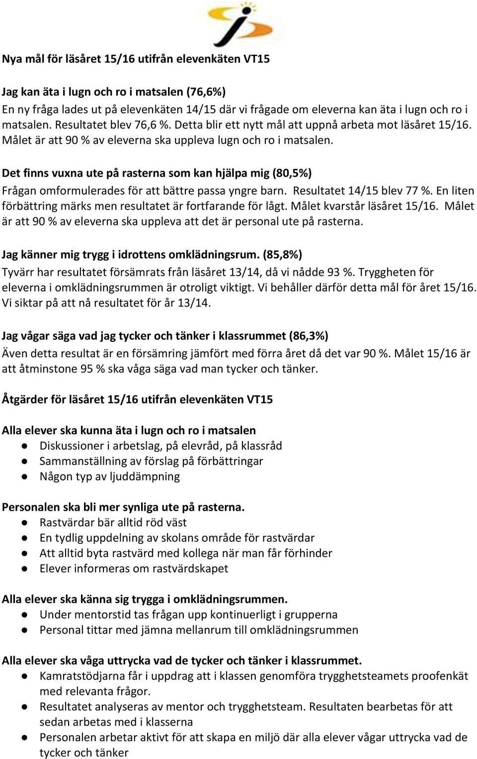 Det finns vuxna ute på rasterna som kan hjälpa mig (80,5%) Frågan omformulerades för att bättre passa yngre barn. Resultatet 14/15 blev 77 %.