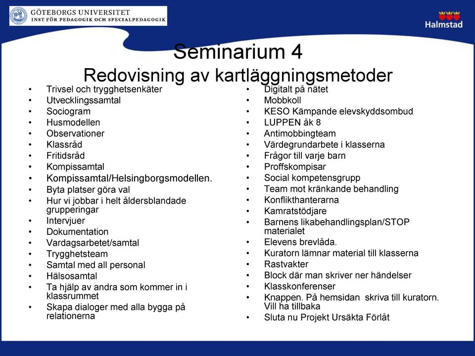 i klassrummet Skapa dialoger med alla bygga på relationerna Digitalt på nätet Mobbkoll KESO Kämpande elevskyddsombud LUPPEN åk 8 Antimobbingteam Värdegrundarbete i klasserna Frågor till varje barn