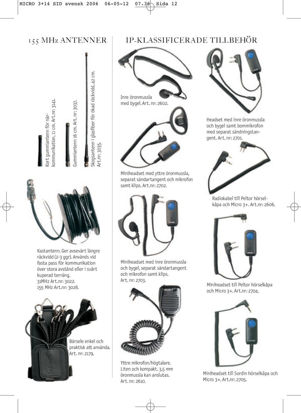 Miniheadset med yttre öronmussla, separat sändartangent och mikrofon samt klips. Art.nr: 2702. Radiokabel till Peltor hörselkåpa och Micro 3+. Art.nr: 2606. Kastantenn.