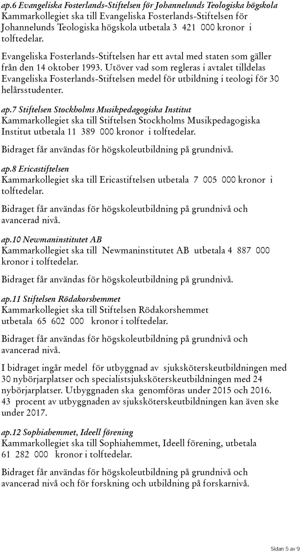 Utöver vad som regleras i avtalet tilldelas Evangeliska Fosterlands-Stiftelsen medel för utbildning i teologi för 30 helårsstudenter. ap.