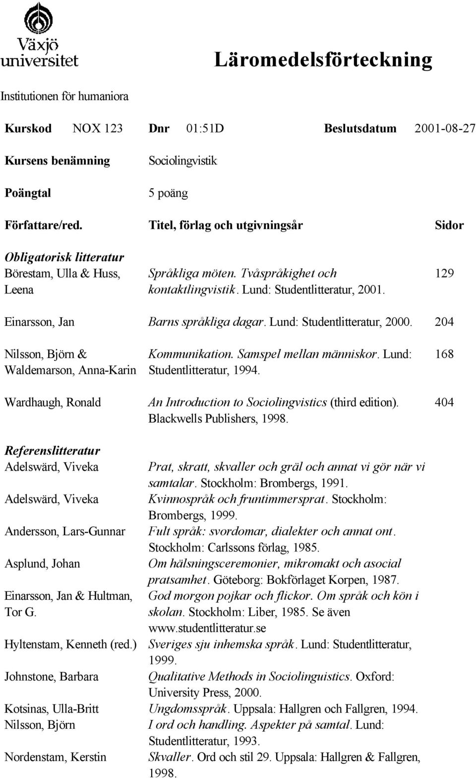 204 Nilsson, Björn & Waldemarson, Anna-Karin Wardhaugh, Ronald Kommunikation. Samspel mellan människor. Lund: Studentlitteratur, 1994. An Introduction to Sociolingvistics (third edition).