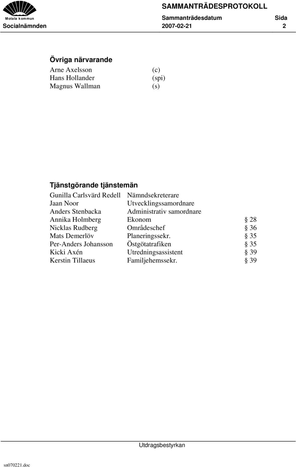 Administrativ samordnare Annika Holmberg Ekonom 28 Nicklas Rudberg Områdeschef 36 Mats Demerlöv Planeringssekr.