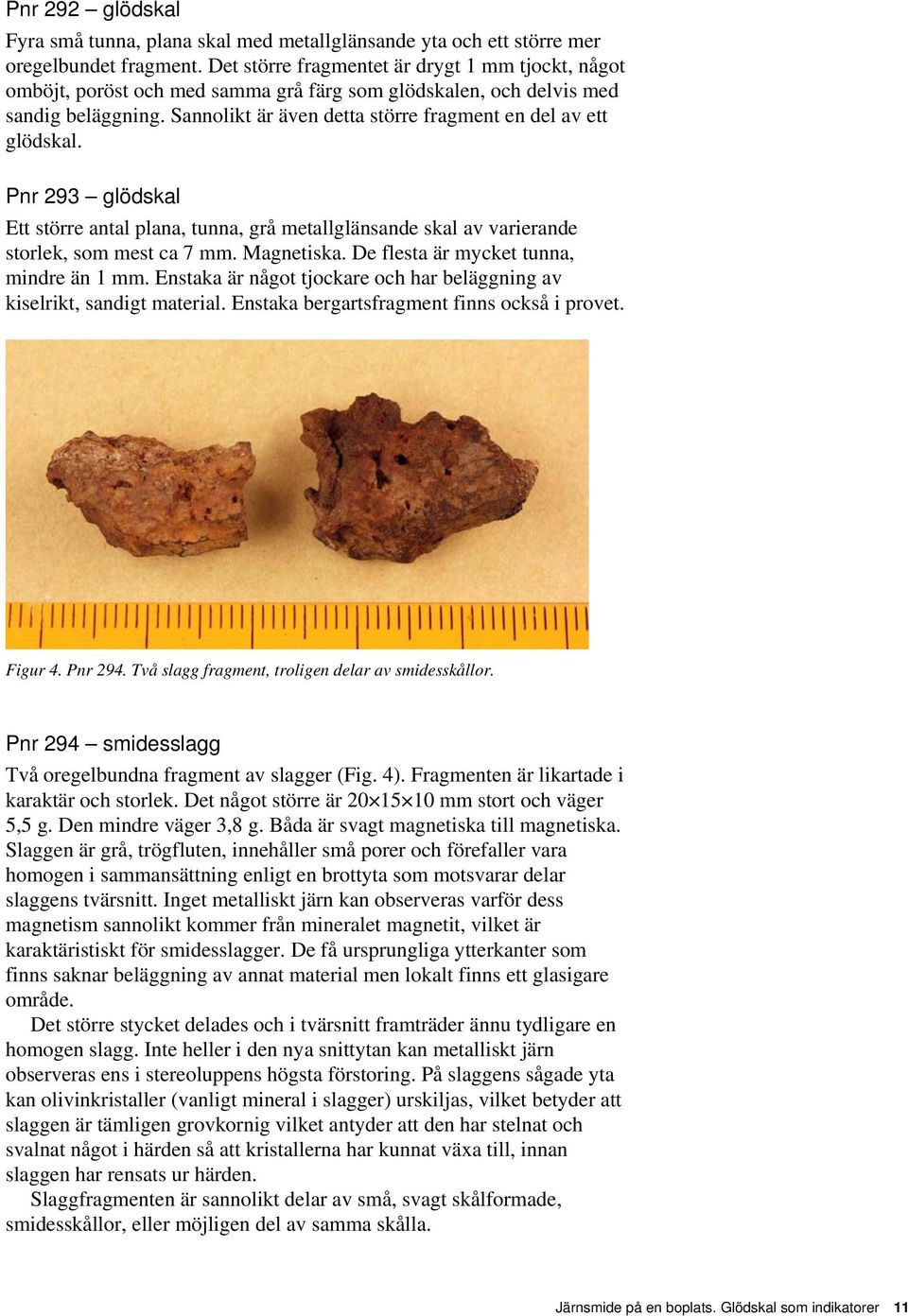 Sannolikt är även detta större fragment en del av ett glödskal. Pnr 293 glödskal Ett större antal plana, tunna, grå metallglänsande skal av varierande storlek, som mest ca 7 mm. Magnetiska.