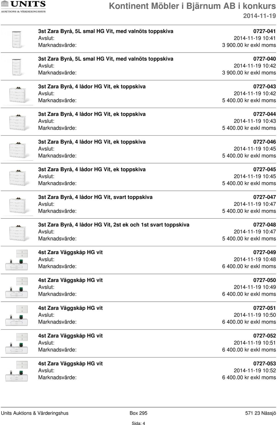 10:45 3st Zara Byrå, 4 lådor HG Vit, ek toppskiva 0727-045 Avslut: 10:45 3st Zara Byrå, 4 lådor HG Vit, svart toppskiva 0727-047 Avslut: 10:47 3st Zara Byrå, 4 lådor HG Vit,