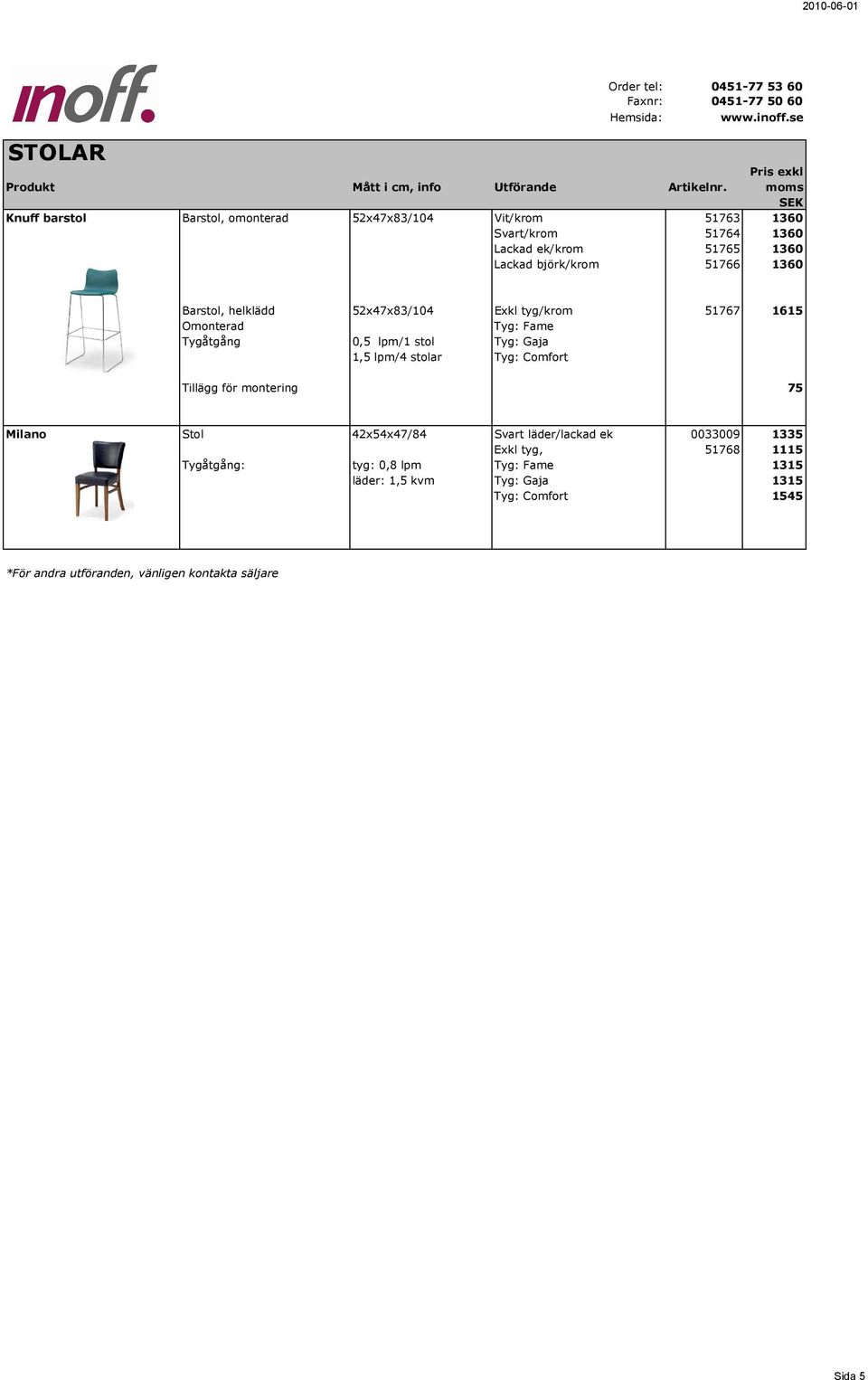 lpm/1 stol Tyg: Gaja 1,5 lpm/4 stolar Tyg: Comfort Tillägg för montering 75 Milano Stol 42x54x47/84 Svart läder/lackad ek