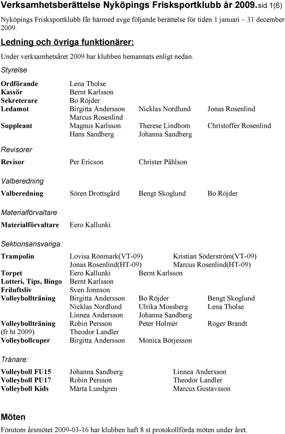 Styrelse Ordförande Lena Tholse Kassör Bernt Karlsson Sekreterare Bo Röjder Ledamot Birgitta Andersson Nicklas Nordlund Jonas Rosenlind Marcus Rosenlind Suppleant Magnus Karlsson Therese Lindbom