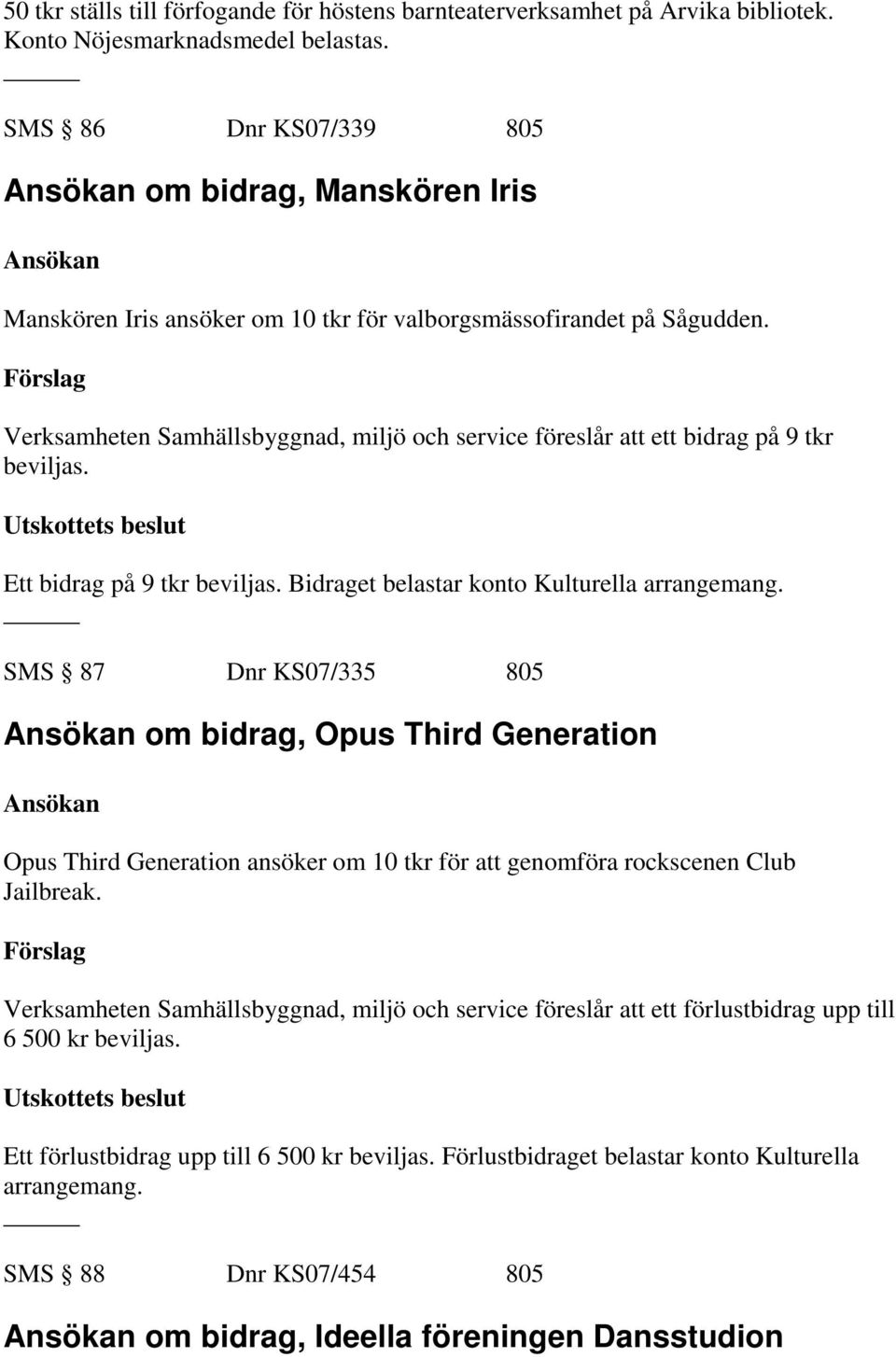 Verksamheten Samhällsbyggnad, miljö och service föreslår att ett bidrag på 9 tkr beviljas. Ett bidrag på 9 tkr beviljas. Bidraget belastar konto Kulturella arrangemang.