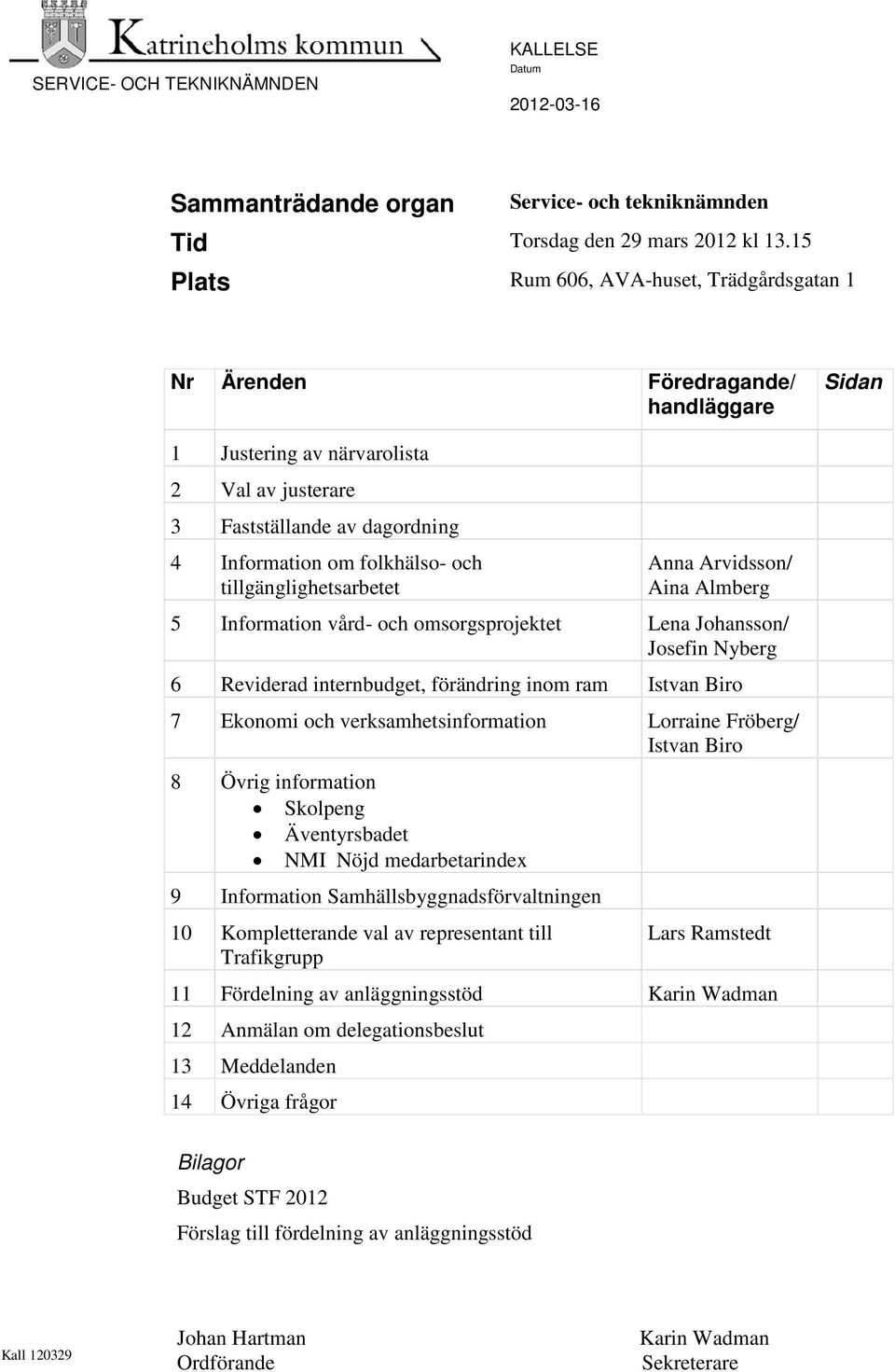 tillgänglighetsarbetet Anna Arvidsson/ Aina Almberg 5 Information vård- och omsorgsprojektet Lena Johansson/ Josefin Nyberg 6 Reviderad internbudget, förändring inom ram Istvan Biro 7 Ekonomi och