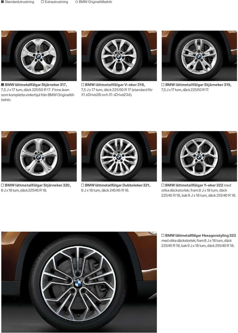 BMW lättmetallfälgar Stjärneker 3 1 9, 7,5 J x 1 7 tum, däck 2 2 5 /5 0 R 1 7. BMW lättmetallfälgar Stjärneker 3 2 0, 8 J x 1 8 tum, däck 2 2 5 /4 5 R 1 8.