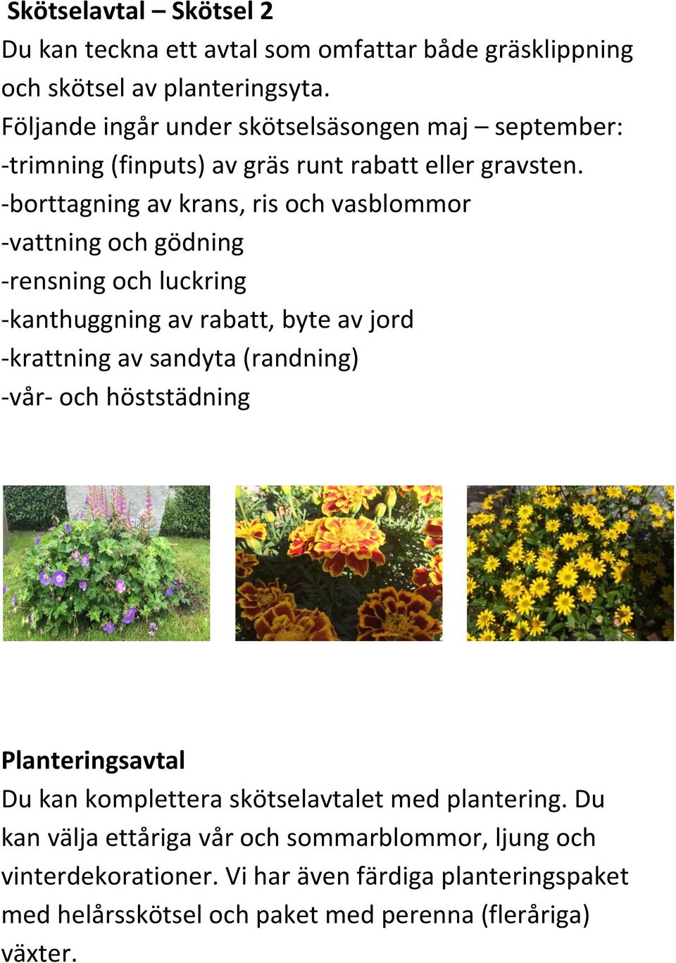 -borttagning av krans, ris och vasblommor -vattning och gödning -rensning och luckring -kanthuggning av rabatt, byte av jord -krattning av sandyta (randning)