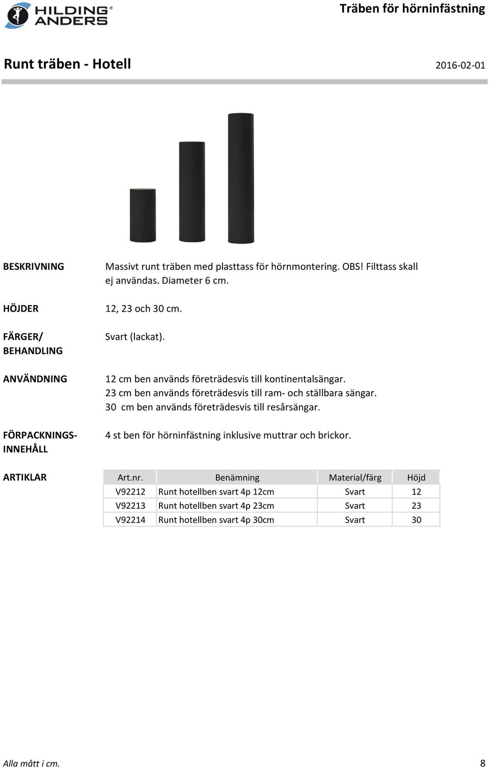 23 cm ben används företrädesvis till ram- och ställbara sängar. 30 cm ben används företrädesvis till resårsängar.