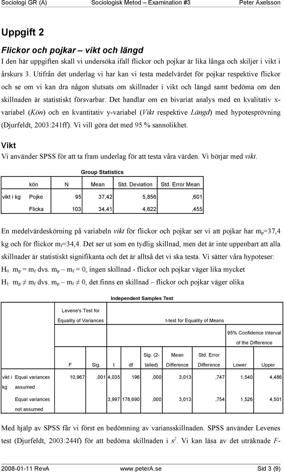 försvarbar. Det handlar om en bivariat analys med en kvalitativ x- variabel (Kön) och en kvantitativ y-variabel (Vikt respektive Längd) med hypotesprövning (Djurfeldt, 2003:241ff).